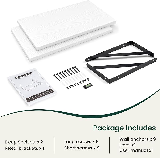 Floating Shelves 12 Inch Deep, 24W x 12D Wall Shelf Set of 2, 50 lbs Heavy Duty Reversible Metal Brackets, Deep Industrial Book Shelf for Living Room Kitchen Bath Bedroom Coffee Bar, White