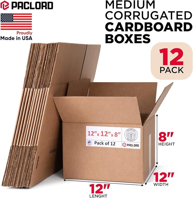 Medium Cardboard Boxes 12"L x 12"W x 8"H (Pack of 12) - USA-Made Packing Boxes for Moving, Shipping, or Storage - USPS, UPS, FedEx Approved - Professional Packing Supplies for Moving | USA-Made Packing Boxes for Moving, Shipping, or Storage - USPS, UPS...