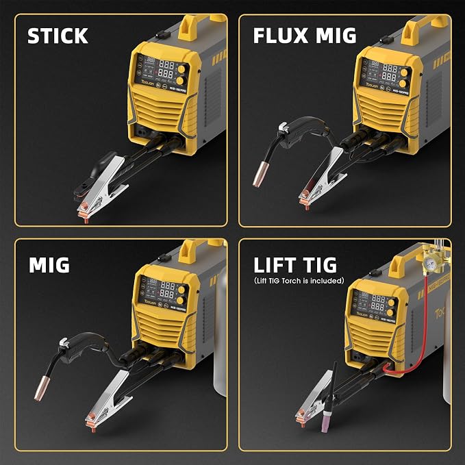 TOOLIOM 4 in 1 MIG Welder 180A Gas MIG/Flux MIG/Stick/Lift TIG Multiprocess Welding Machine 110V/220V Welder Kit with Lift TIG Torch