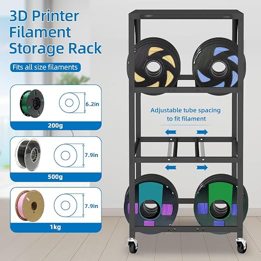 3D Printer Stand with Filament Storage Rack - 3D Printer Table Rolling Printer Cart on Wheels, Heavy Duty Metal Filament Spool Holder Organizer, 3D Printing Workstation for 48 Filament Spools (Black)