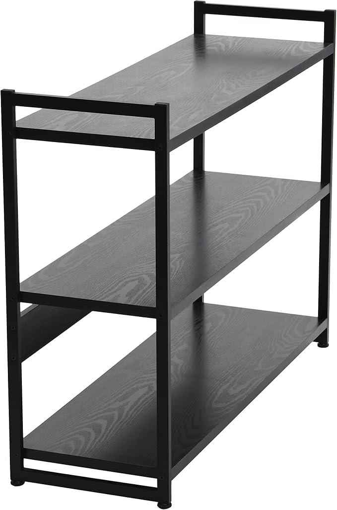Household Essentials Jamestown Wide 3 Shelf Open Storage Bookshelf Black Oak Wood Grain and Black Metal