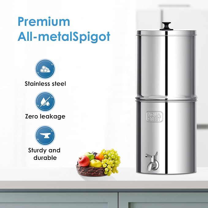 AQUA CREST TN-A-FS Gravity Water Filter System, NSF/ANSI 42&372 Certified Filters of 4, Reduce Fluoride and Chlorine, Stainless Steel Water System for Home, Emergencies, 2.25G