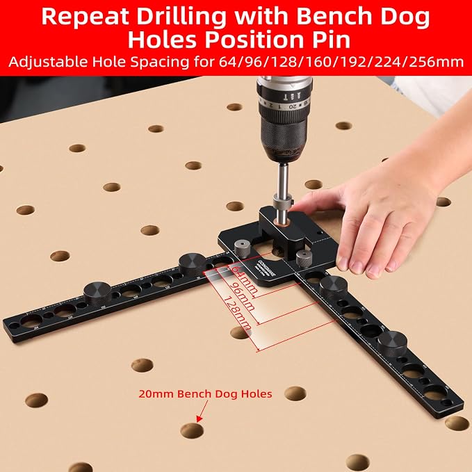 GOINGMAKE Portable Drill Guide for Drilling 20mm Work Bench Dog Holes, Workbench Dog Hole Drill Template for Building MFT Table Top, Workbench Top, Work Table, Cutting Board and Portable Workstation