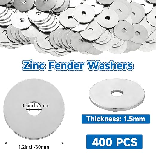 400 PCS Fender Washers 1/4" x 1-1/4", Stainless Steel Flat Washers Set, 1.5mm Thick Hardware Washers Zinc, Metal Washer Flat Small Washer for Screws