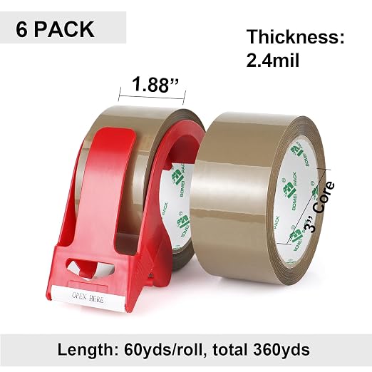 BOMEI PACK Brown Packing Tape with Dispenser, 2.4 Mil 1.88 Inch x 60 Yards, 6 Refills Rolls Packaging Tape for Moving, Shipping and Storage