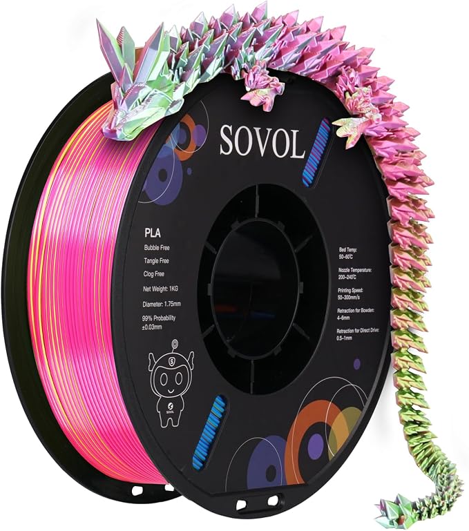 Sovol PLA Filament Silk Tri Color Co-Extrusion 1.75mm, 3D Printer Filament 1kg/ 2.2lbs, Shiny Silk Rose Blue Yellow 3 in 1 Coextrusion PLA Material +/-0.03mm