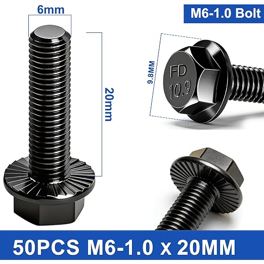 Taiss 50PCS M6-1.0 x 20mm Metric Flange Hex Head Bolts,Hex Drive Screws 10.9 Black Zinc Plated Alloy Steel,m6x1.0 Bolt,Full Thread Hex Bolts