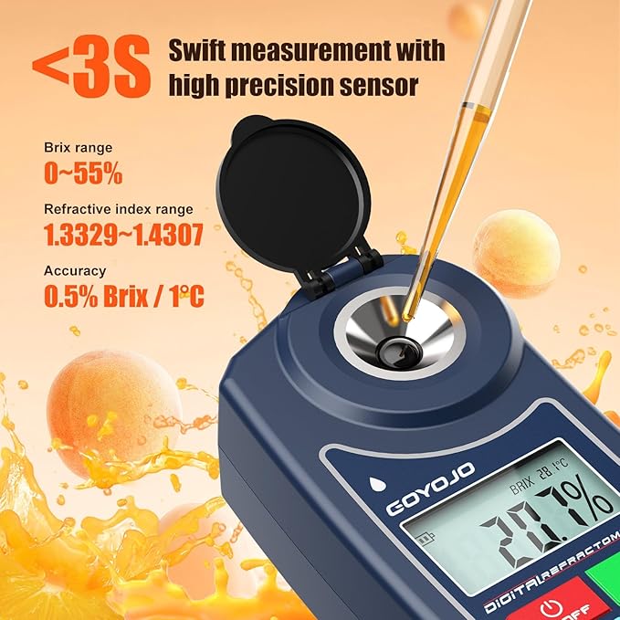 Digital Brix Refractometer GOYOJO Brix Meter Lab Refractometer ±0.5 Brix/1℃ Accuracy, 0-55% Range with ATC for Fruits Juices, Beer, Wine, Coffee &Mor Liquid Sugar Content Test