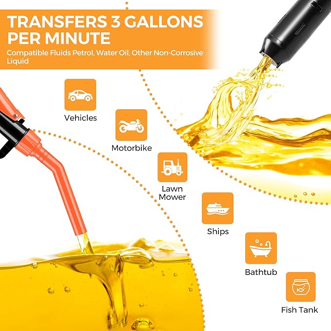 Electric Fuel Transfer Pump, 3GPM Portable Fluid Transfer Siphon Pump with Oil Pipeline, Battery Gas Pumps with Adjustable Flow Control Nozzle for Car/RV(Orange)