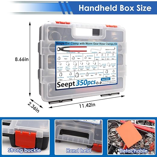 350Pcs 5.3-51mm Single Ear Hose Clamps with Worm Gear Hose Clamps Assortment Kit Pack in Handheld Box for Auto/Home Appliance/Pipe/Fuel Line