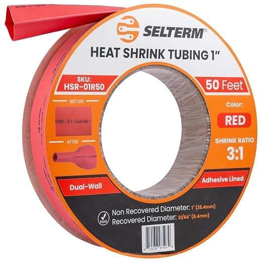 SELTERM 1-Inch Red 50 Feet Marine Grade Heat Shrink Tubing Roll, 3:1 Ratio Dual Wall Adhesive Lined Waterproof Heat Shrink Wrap Tube, for Battery Cable Lugs Wire Terminals Connectors