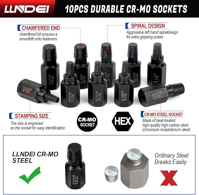 LLNDEI Screw Extractor Set, Hex Head Easy Out Set 10 Pieces, Multi-Spline Ez Out Stripped Extractor (1/8”-13/32”) CR-MO, Stripped Fastener Tool