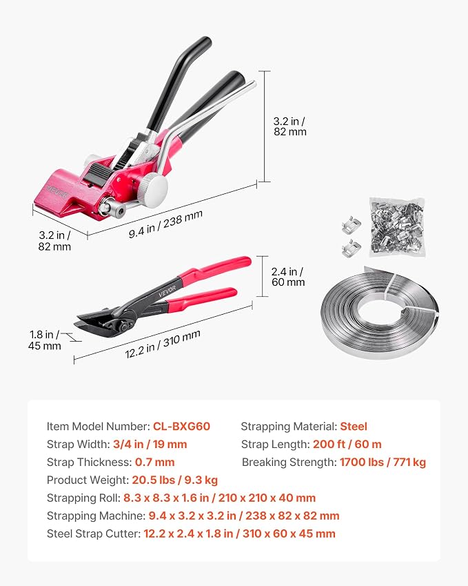 VEVOR Steel Banding Strapping Kit, Heavy Duty Banding Sealer Tool with 200 ft Binding Straps, 200 Metal Clasps, Manual Pallet Packaging Strapping Kit for Warehouse, Transportation, Industrial Bundling
