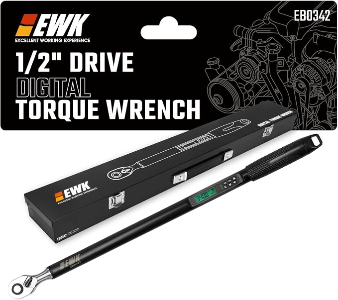 EWK 1/2" Drive Digital Torque Wrench 12.5-250 ft-lbs (17-340 Nm), High-Precision and Easy-to-Read, ±1.5% Accuracy for Car, Truck, Motorcycle & DIY Repairs | ISO 6789, ±1.5% clockwise / ±2.5% counterclockwise, LCD Display, LED Buzzer Vibration Alert, 30...