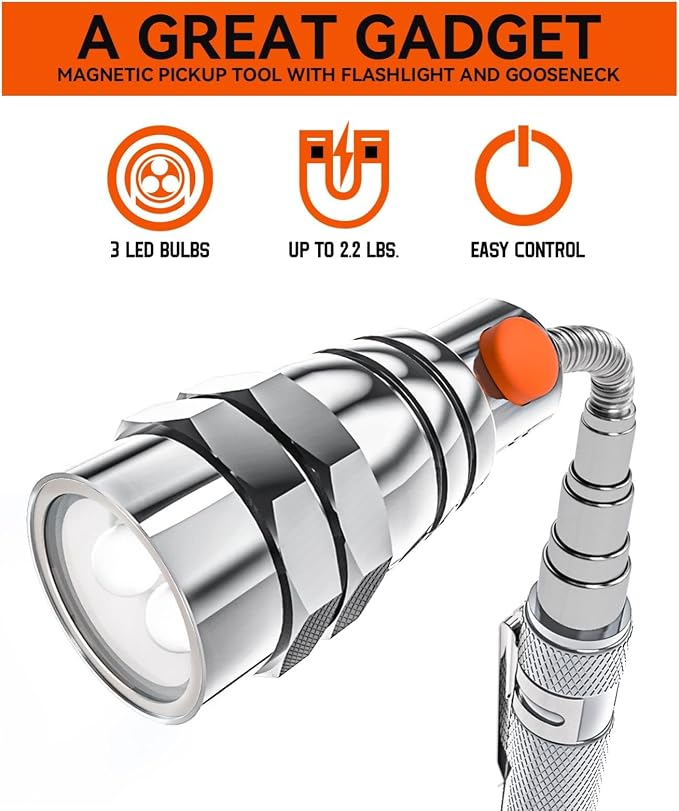 Extendable Magnetic Flashlight with Telescoping Magnet Pickup Tool-Cool Gadget, Fathers Day Dad Gifts, Birthday Gifts for Men, Dad, Husband, Him, Father, Mechanic, Boyfriend, Women, Silver, 2 Pack