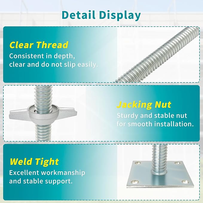 18" Adjustable Scaffolding Leaveling Jack, Galvanized Steel Soild Screw Jack with Base Plate, 4 Pack