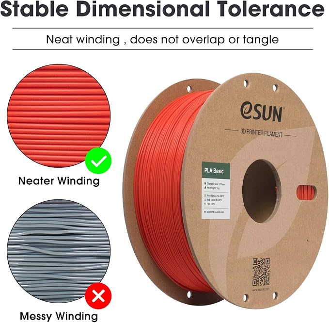 eSUN PLA Basic Filament 1.75mm, 3D Printer Filament High Speed PLA for Fast Printing, 1KG Spool (2.2 LBS) 3D Printing Filament for High Speed 3D Printers, Red