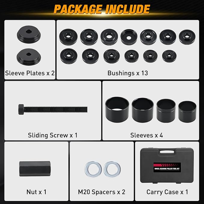 GOOACC Wheel Bearing Removal Tool Kit, 23PCS Wheel Bearing Press Kit for Front Wheel Drive Bearing Removal & Installation Universal Hub Bushing Press Sleeves Puller Tool Set with Sliding Screws, Black