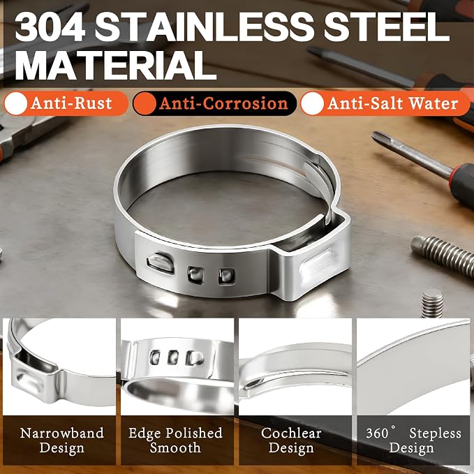 660Pcs Complete Ear Hose Clamps Assortment Kit 304 Stainless Steel 26 Size(5.3-36.1mm) Cinch Crimp Hose Clamp Stepless Pinch Clamp with Tools for Plumbing/Garden/Automotive/Water Pipe/Radiator Pipe