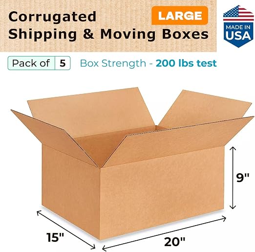 Large Moving & Shipping Boxes 20 x 15 x 9 inches (5-Pack) - Extra Strength 200 lb vs Regular - USA-Made Corrugated Strong Moving Boxes - Large Packing Box for Shipping by IDL Packaging