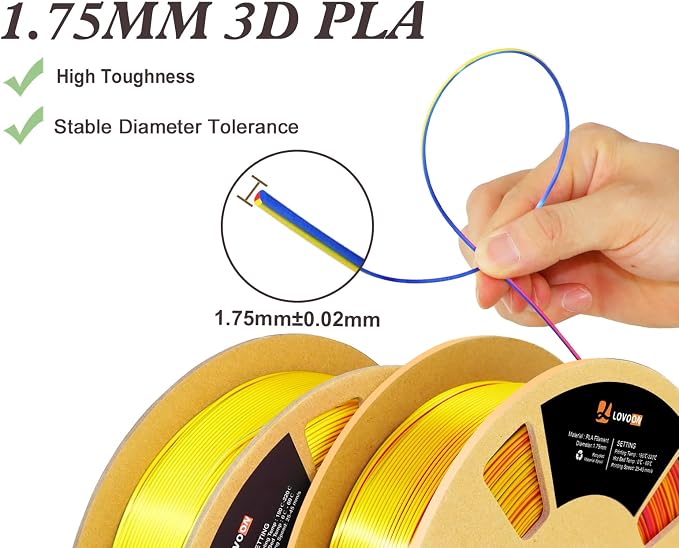 LOVOON Silk PLA 3D Printing Filament Bundle 2KG, PLA Filament 1.75mm Shiny Tricolor Change by Angle 3D Printer Filament Pack, Get 2 Spools of Silk Blue/Yellow/Red, 1KG X 2 Spools