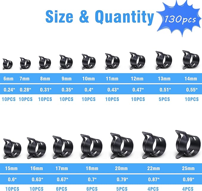 130Pcs 6-25mm Spring Band Hose Clamps With 6 Pack 17-19mm T-Bolt Hose Clamp