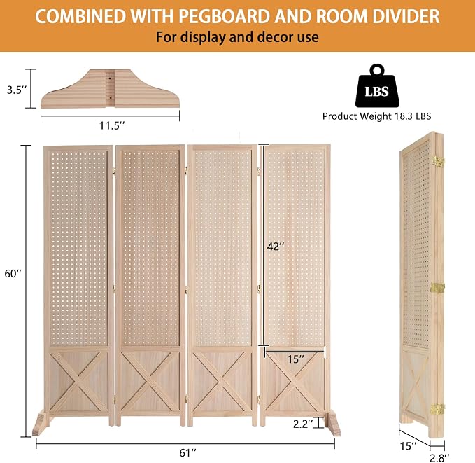 VINGLI Freestanding Pegboard with Support Feet, 5 FT Wood Room Divider Display Board Organizer, Folding Privacy Screen Partition Space Separator for Craft Shows Events Retail (Natural, 4 Panel)