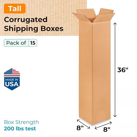 Tall Moving & Shipping Boxes 8"L x 8"W x 36"H (15-Pack) - Extra Strength 200 lb vs Regular - USA-Made Corrugated Moving Boxes for USPS/UPS/FEDEX - Packaging Box - Box Moving Supplies by IDL Packaging