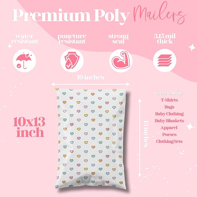 Pretty Package Store Designer Poly Mailers 10x13, Preppy Hearts, 100 Pack | Heavy Duty, Waterproof, Self Seal, Tear Resistant, Shipping Bags for Small Business Packaging, Bulk Mailing Envelopes