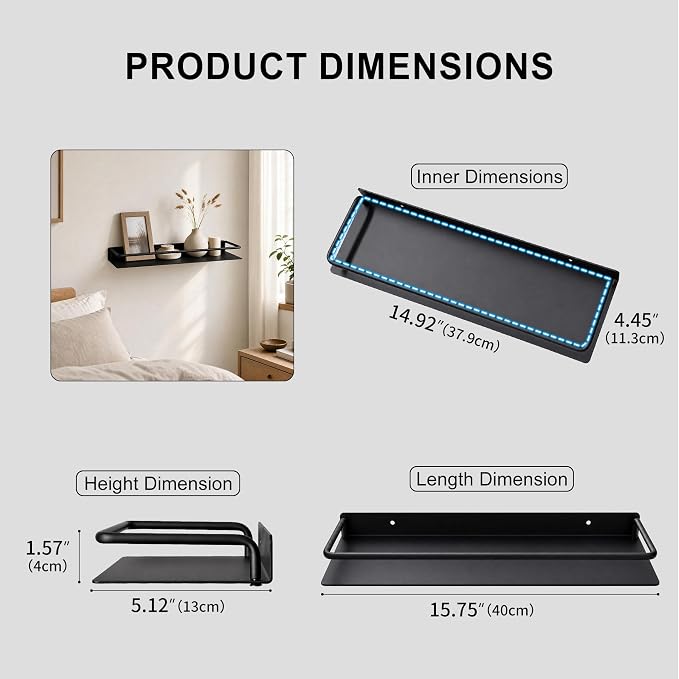 RFOUO 16 Inch Black Metal Wall Shelf with Guard Rail, Wall Mounted Bathroom Shelf, Aluminum Floating-Style Display Shelf for Toiletries Spice Decor, Bedroom Kitchen Storage Organizer, 1 Pack