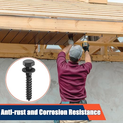 Tandefio 200 Pack 1/2''x 3'' Hex Head Lag Bolts for Wood Ceramic Black Lag Screw Kit with Washers Heavy Duty Hot Dip Galvanized Coating Double Layer for Decks Fences