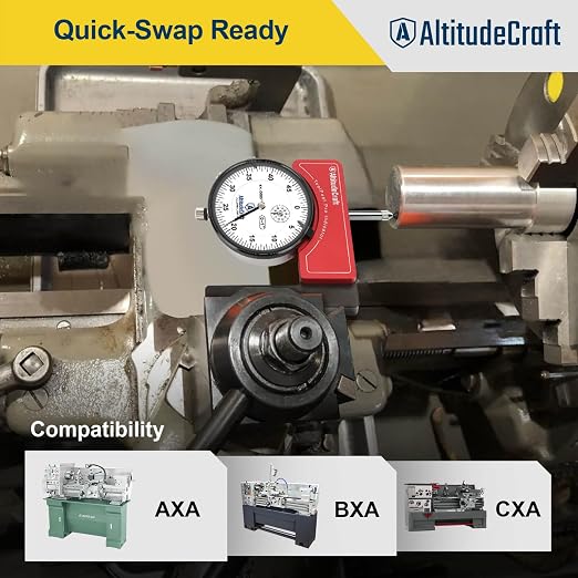 Rigid Lathe Tool Post Indicator Holder for 4-Jaw Chuck Centering & Runout Checks, .0005" Dial Indicator, AXA/BXA Quick Change, Mini Lathe Machinist Accessories