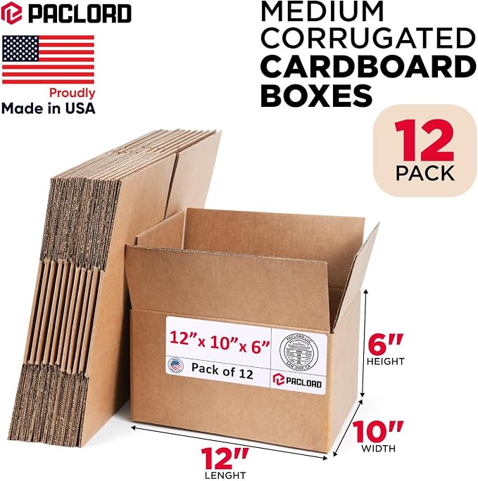 Medium Cardboard Boxes 12"L x 10"W x 6"H (Pack of 12) - USA-Made Packing Boxes for Moving, Shipping, or Storage - USPS, UPS, FedEx Approved - Professional Packing Supplies for Moving | USA-Made Packing Boxes for Moving, Shipping, or Storage - USPS, UPS...