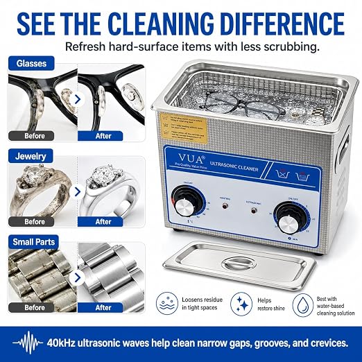 3L Ultrasonic Cleaner Machine with Heater, 40kHz Professional Ultrasonic Jewelry Cleaner with Timer Control, Stainless Steel Sonic Cleaner for Watches, Glasses, Rings, Retainers, Small Parts and Tools