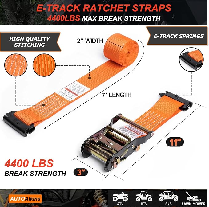 Wheel Chock Tie Down Kit, 4,400lb Break Strength — 4 Heavy Duty E-Track Tire Ratchet Straps & 8 Steel Wheel Chocks, Complete Trailer Tie Down System for ATV, UTV, Lawn Mower & SxS (Orange)