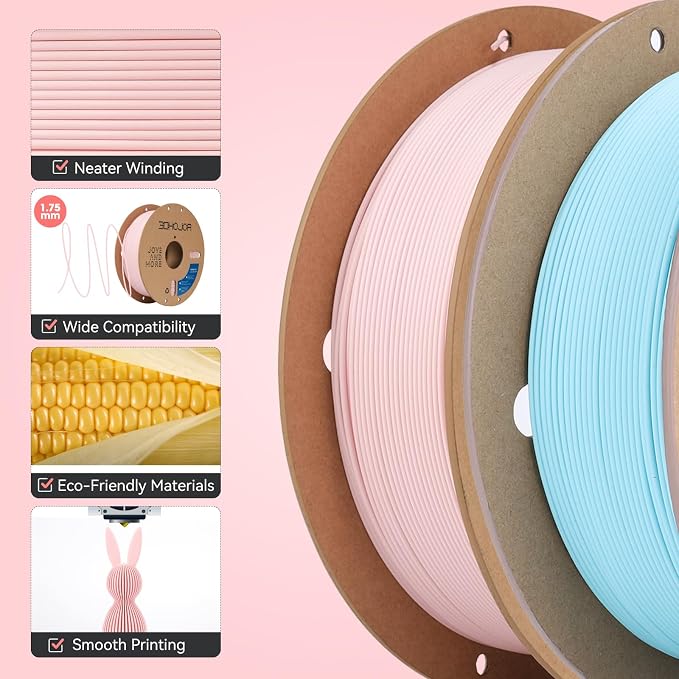 3DHoJor Matte PLA Filament 1.75mm, Upgrade 1kg*2 Bundle Cardboard Spool PLA Filament 1.75 PLA 3D Printing Filament, Print with Most 3D Printers Using 3D Filament-Peach Pink+Light Blue
