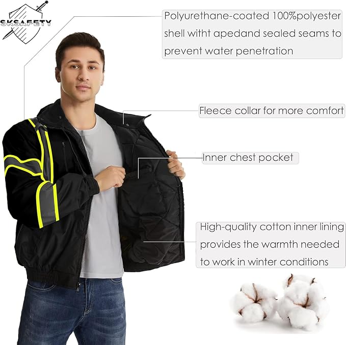 SKSAFETY High Visibility Reflective Jackets for Men, Waterproof Class 3 Safety Jacket with Pockets, Hi Vis Black Coats with Black Bottom, Mens Work Construction Coats for Cold Weather, 4XL,Black