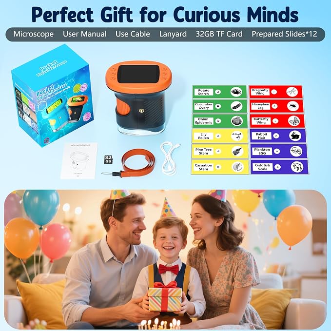 Odatay 4K 1000X Digital Microscope for Kids with Long Distance Viewing & 2.4" Screen, Portable Handheld Edu Toys for Kids Age 3-12 Exploring Bugs Plants at Home Classroom & Outdoor Travel, Orange