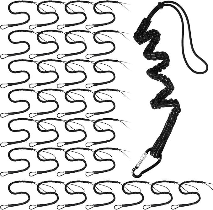LEIFIDE 32pcs Tool Lanyard Standard Length Safety Tool Leash 17.6lb 8kg Tough Adjustable Fall Protection Tether with Aluminum Screw Lock Buckle, Shock Cord Stopper and Retractable Loop End, Black