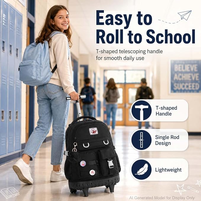 CCJPX Rolling Backpack for Girls Women, 21 inch Roller Wheels School Bookbag, Wheeled Suitcase Backpacks with Lunch Bag for Teen - Black