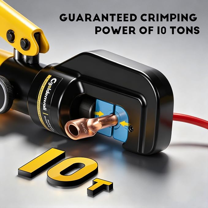 CGOLDENWALL Hydraulic Crimping Tools 10T 12 AWG to 2/0 AWG with Hexagon Steel 9 Dies for Copper and Aluminum Terminal Lugs Battery Wire Crimping, 2 Pairs of Sealing Rings Included