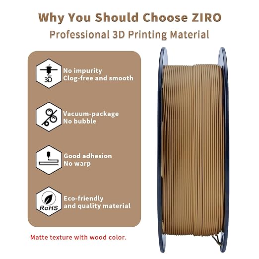 ZIRO Matte PLA Filament 1.75mm, Pure Color No-Shine 3D Printer Filament, High Toughness 3D Printing Material, Wood (Matte)