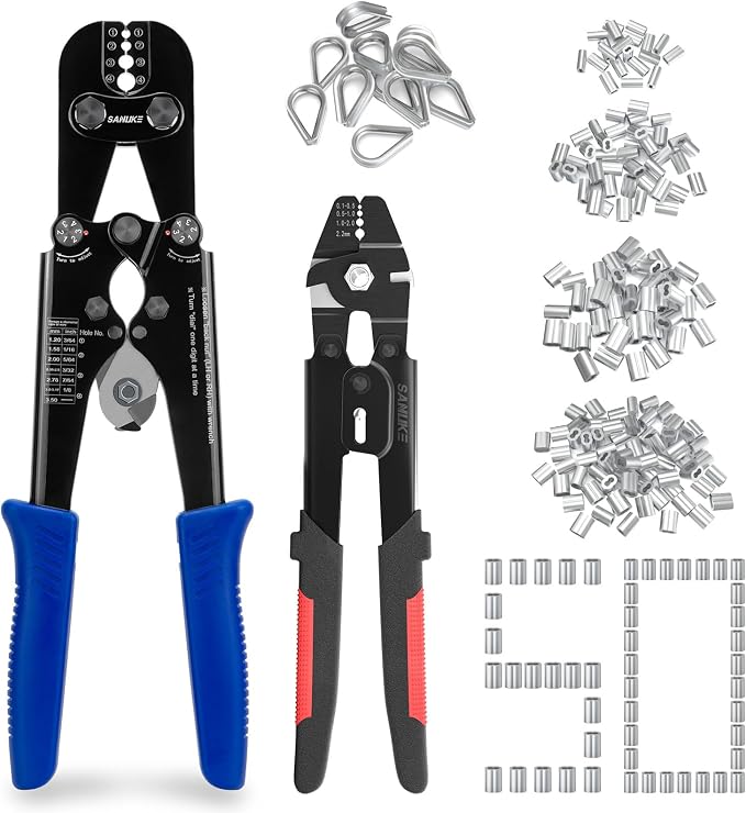 Sanuke Wire Rope Crimping Tool for 1/8 1/16 5/64 inch Aluminum Crimping Loop Sleeves Kit with 210pcs Aluminum Crimping Loop Sleeve and 10pcs Stainless Steel Thimble