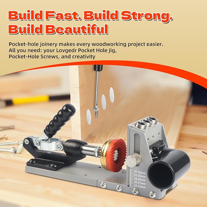 Pocket Hole Jig Kit with Vacuum Dust Collection, All-Metal Pocket Screw Jig with 3/8" Step Drill Bit, Depth Stop Collar, Adjustable Thickness for Woodworking Joinery, Cabinet Building