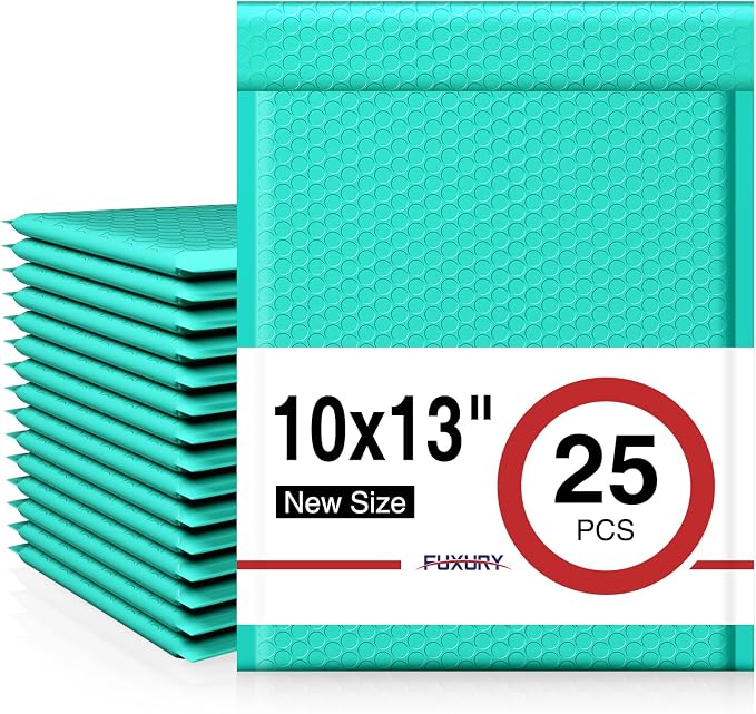 Fuxury Bubble Mailers 10x13 Inch Teal 25 Pack, Opaque Padded Envelopes for Clothing, Books, Makeup & Accessories, Self Seal Shipping Bags for Small Business
