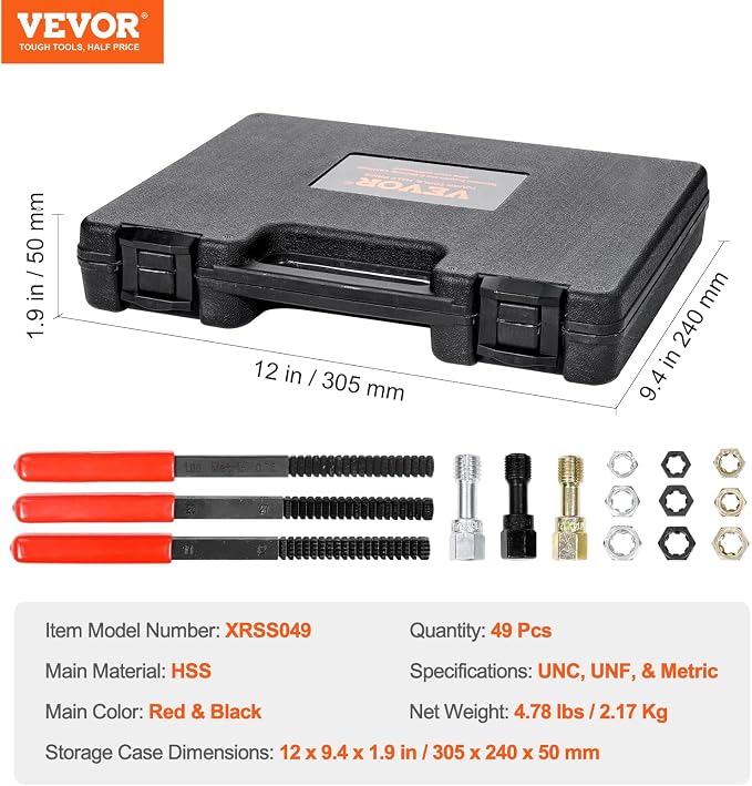 VEVOR Thread Chaser Set - 49-Piece UNC UNF and Metric Thread Restorer Tool Rethreading Tool Kit with 22 Taps 24 Dies 3 Thread Files Storage Case Heat Treated Steel for Mechanics DIY Enthusiasts