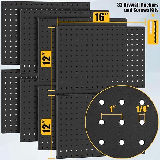 PBHEPJ 8 Pcs Metal Pegboard Panels, Heavy Duty Peg Boards for Garage and Garden Tool Storage, Includes Drywall Anchors and Screws Kits, Black (8 pcs 16in x 12in)