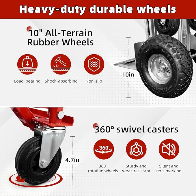 Aluminum 4 in 1 Convertible Hand Truck Dolly, 1000Lbs Capacity, Heavy Duty Folding Hand Truck Dolly Cart with Wheels 10" All-Terrain Tires, Hand Trucks for Logistics, Home, Office, School, Red
