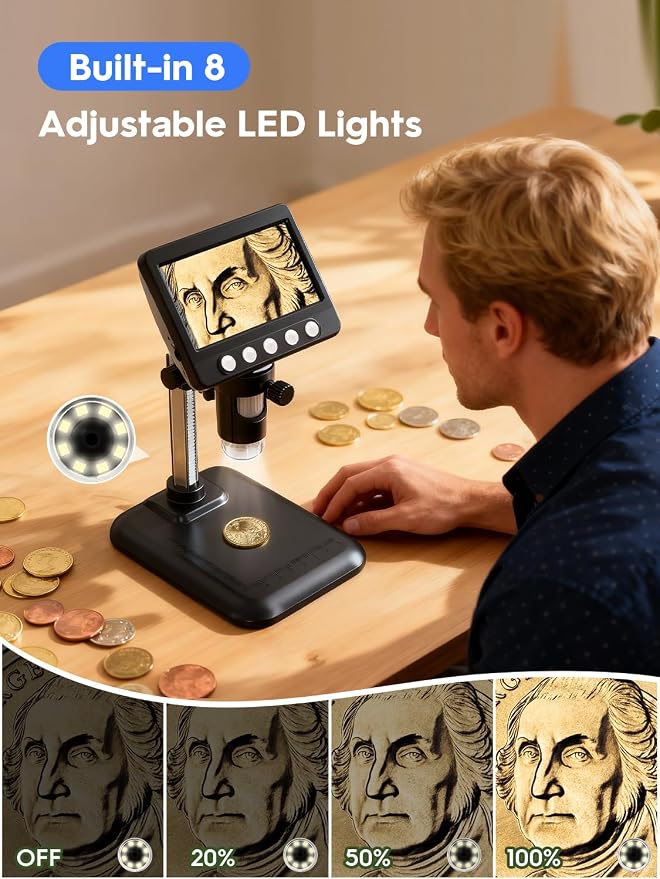 Coin Microscope, 4.3" LCD USB Digital 1000X 1080P Coin Magnifier | 8 Adjustable LED Lights, PC View Compatible with Windows/MacBook for Adults Kids