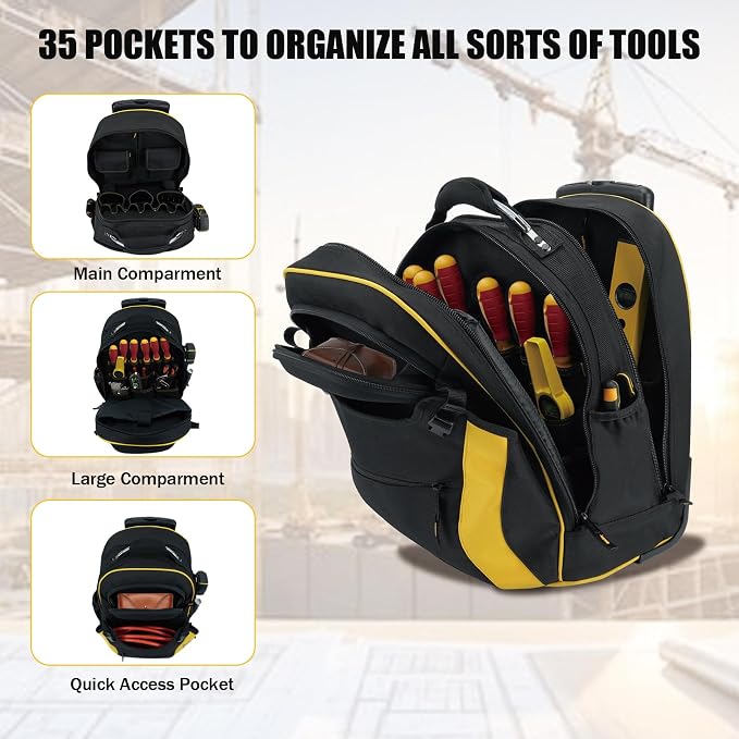 MELOTOUGH Rolling Tool Bag with Telescoping Handle 35 Pockets Wheeled Electrician Backpack Tool Bag For Men,Water Resistant Tool Storage Organizer Including Laptop Sleeve (Yellow）